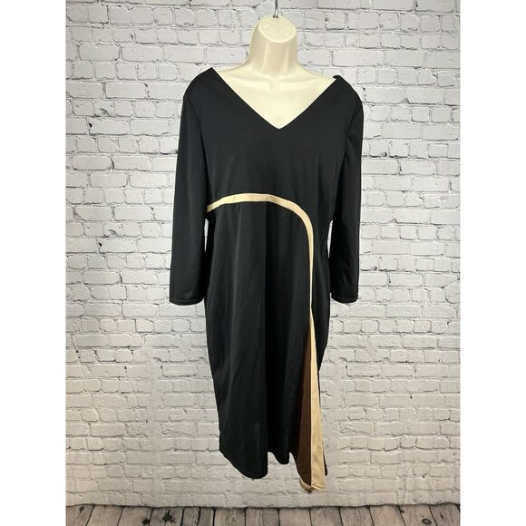 VTG Lolette Black Brown Beige Striped V Neck Pullover 3/4 Sleeve Shift Dress XL - Picture 1 of 9